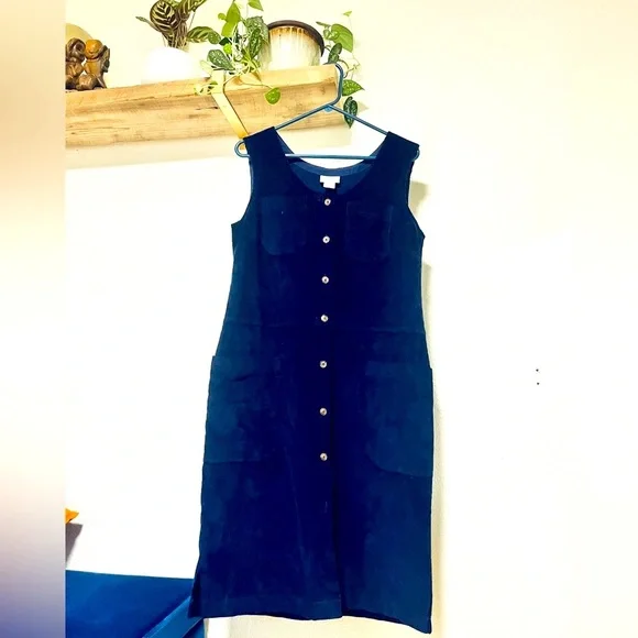 The Vermont Country Store corduroy tunic shift coverall dress, thick blue cotton - Picture 1 of 10